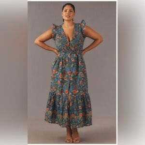 Anthropologie Floral Maxi Dress - Blue and Orange
